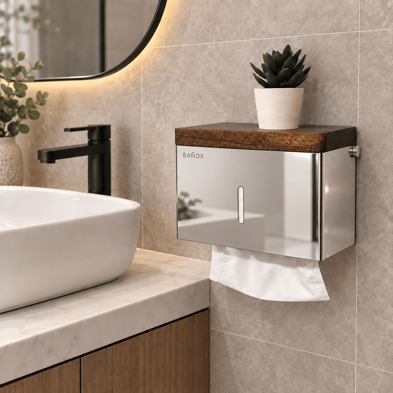 BAÑOX Wall-Mounted Tissue Dispenser with Movable Mahogany Shelf – Silver