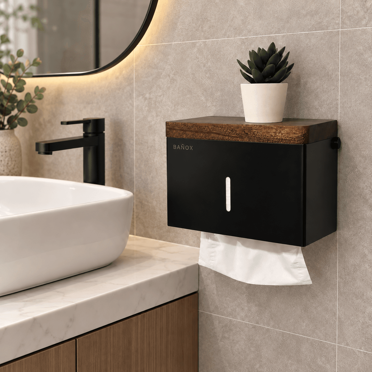 BAÑOX Wall-Mounted Tissue Dispenser with Movable Mahogany Shelf – Black