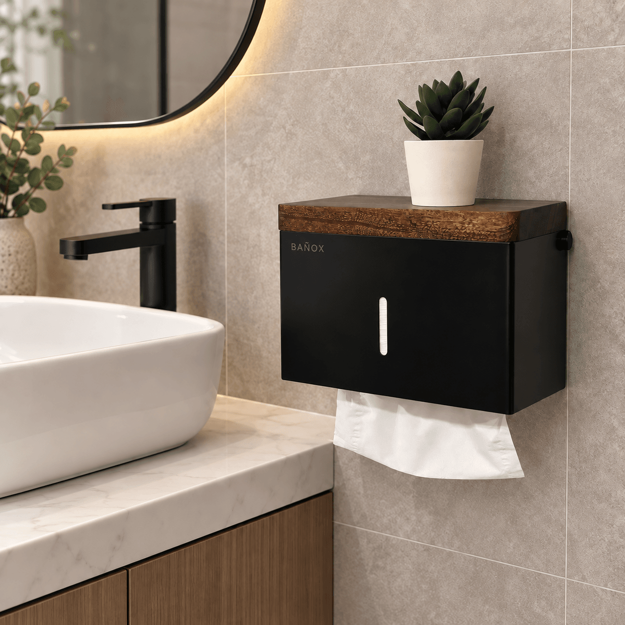 BAÑOX Wall-Mounted Tissue Dispenser with Movable Mahogany Shelf – Black - 1