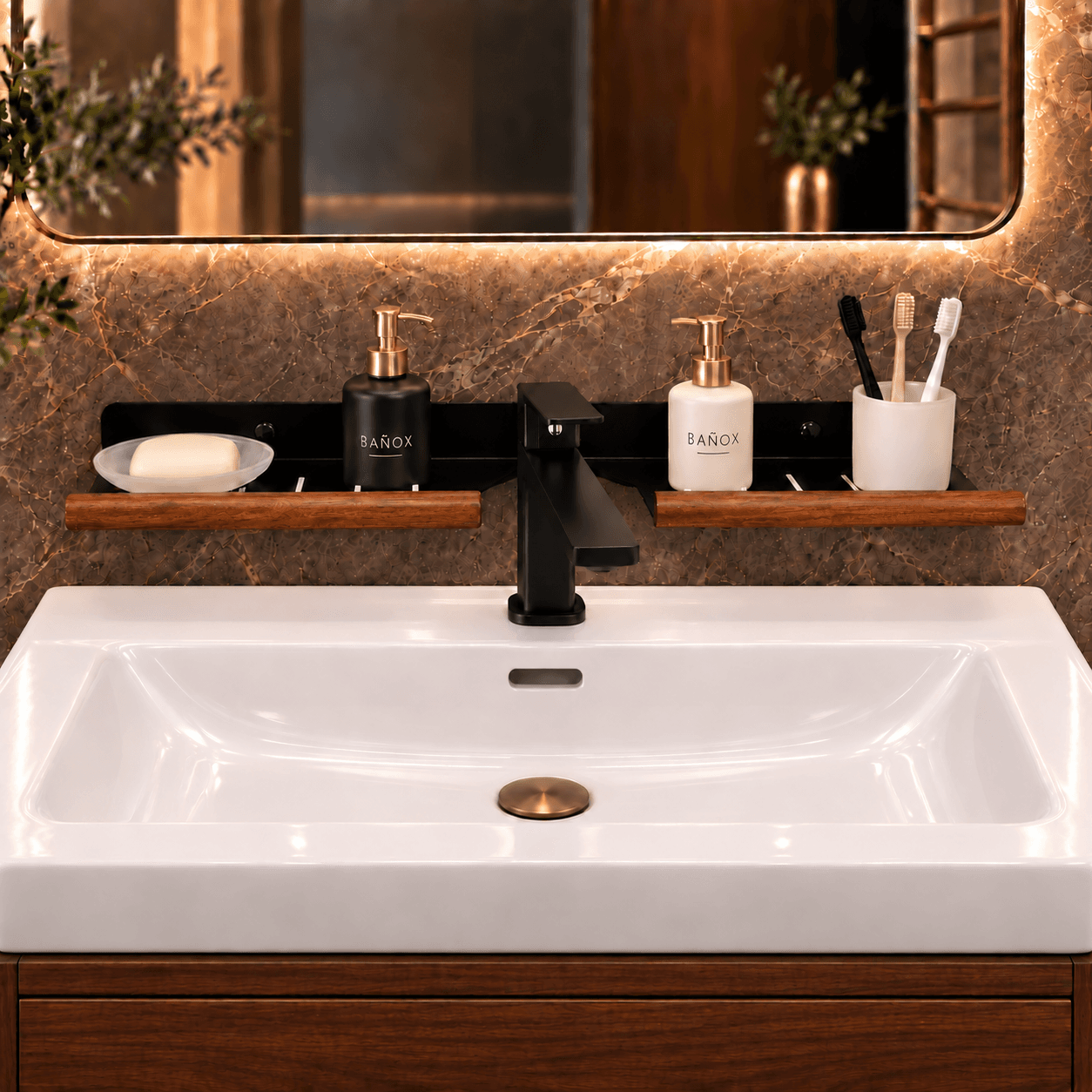BAÑOX Wall-Mounted Sink Organizer with Soap Dish & Toothbrush Holder – Black & Mahogany - 1